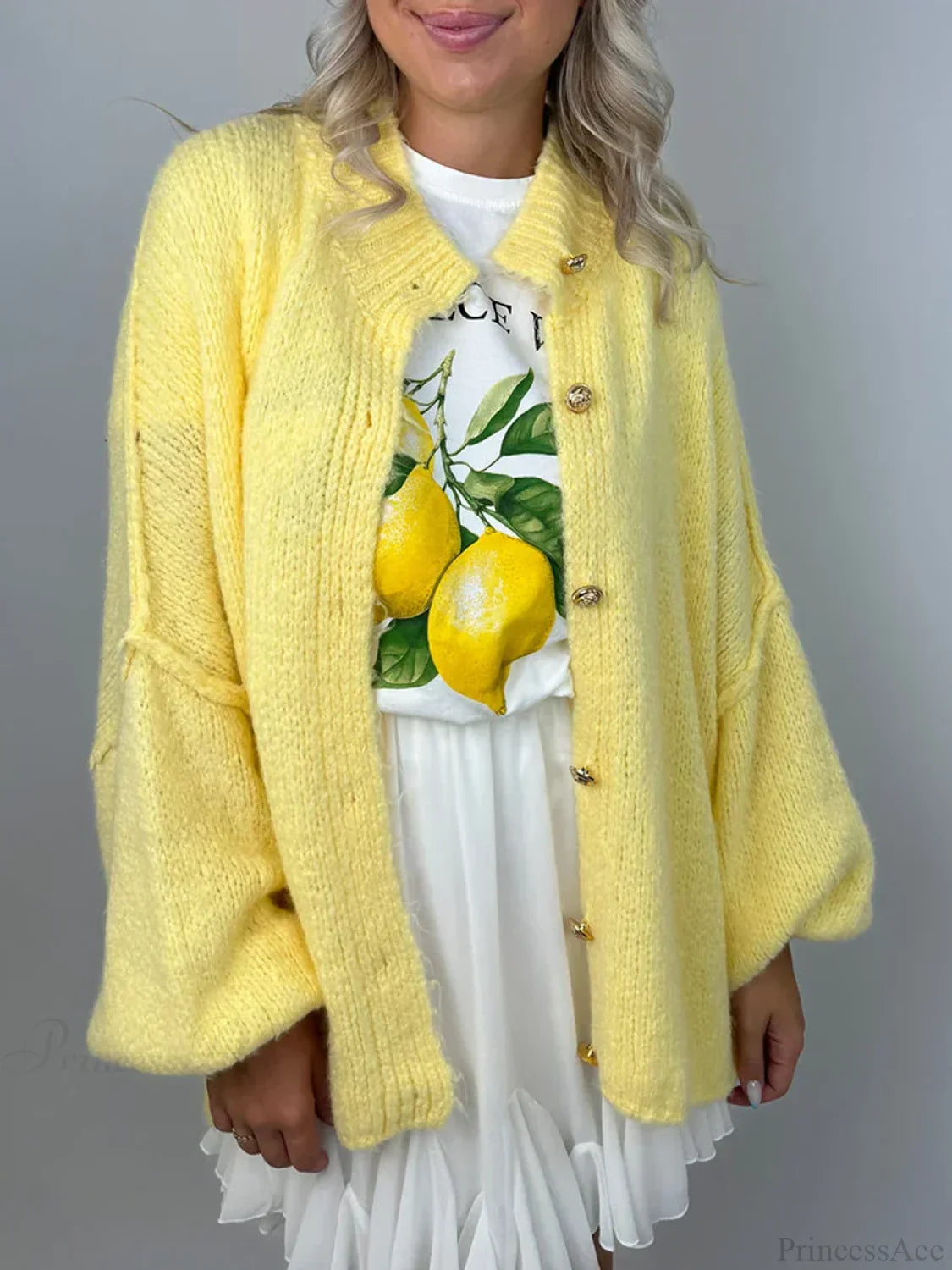 Lantern Sleeve Stand Collar Cardigan