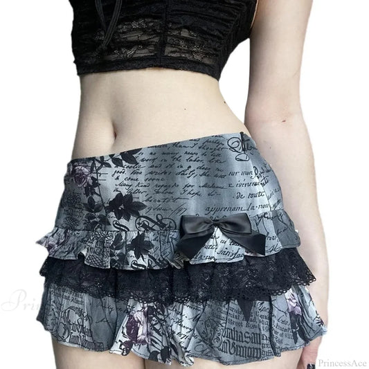 Letter Floral Print Ruffle Skirt