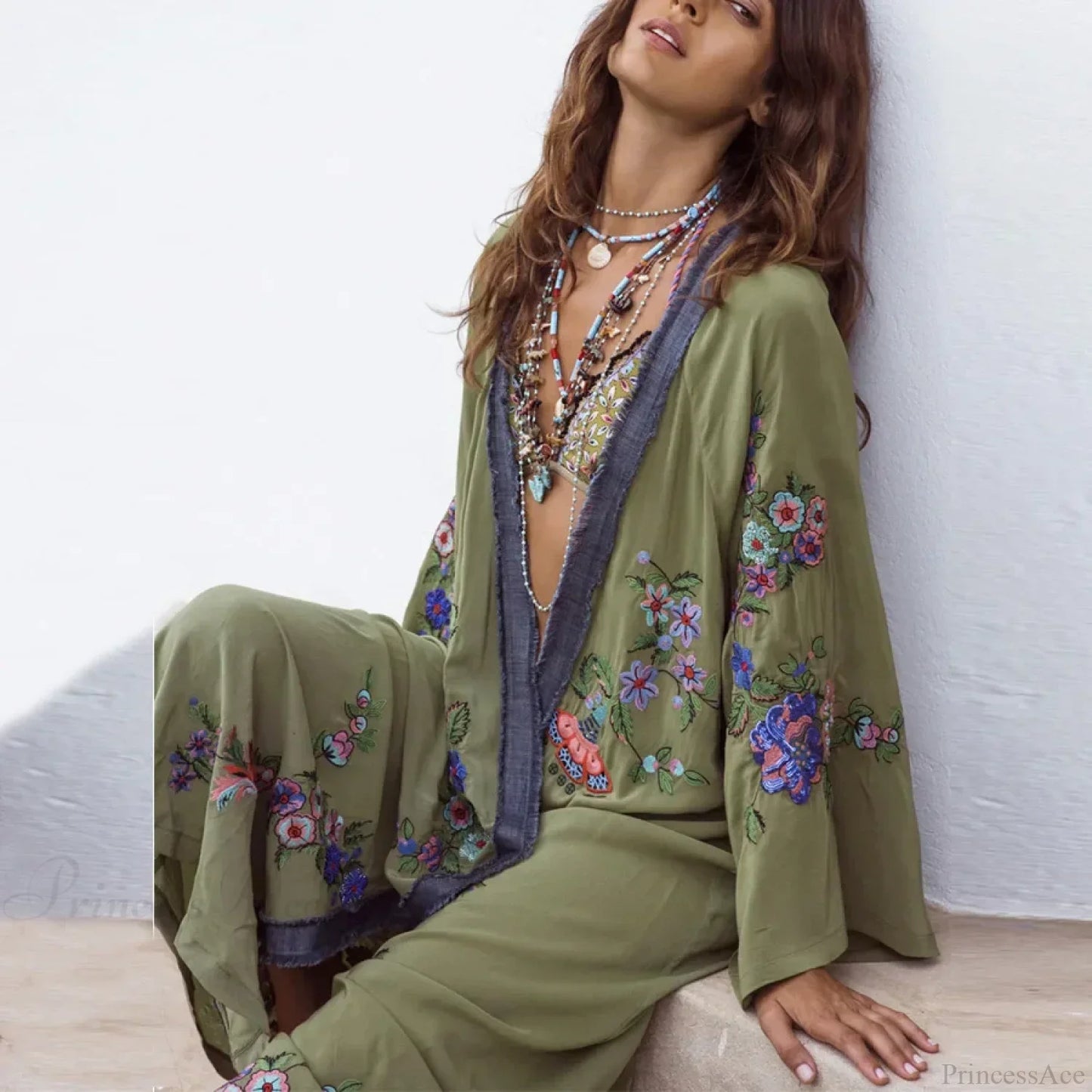 Long Floral Embroidery Beach Cover-Up Boho Cardigan