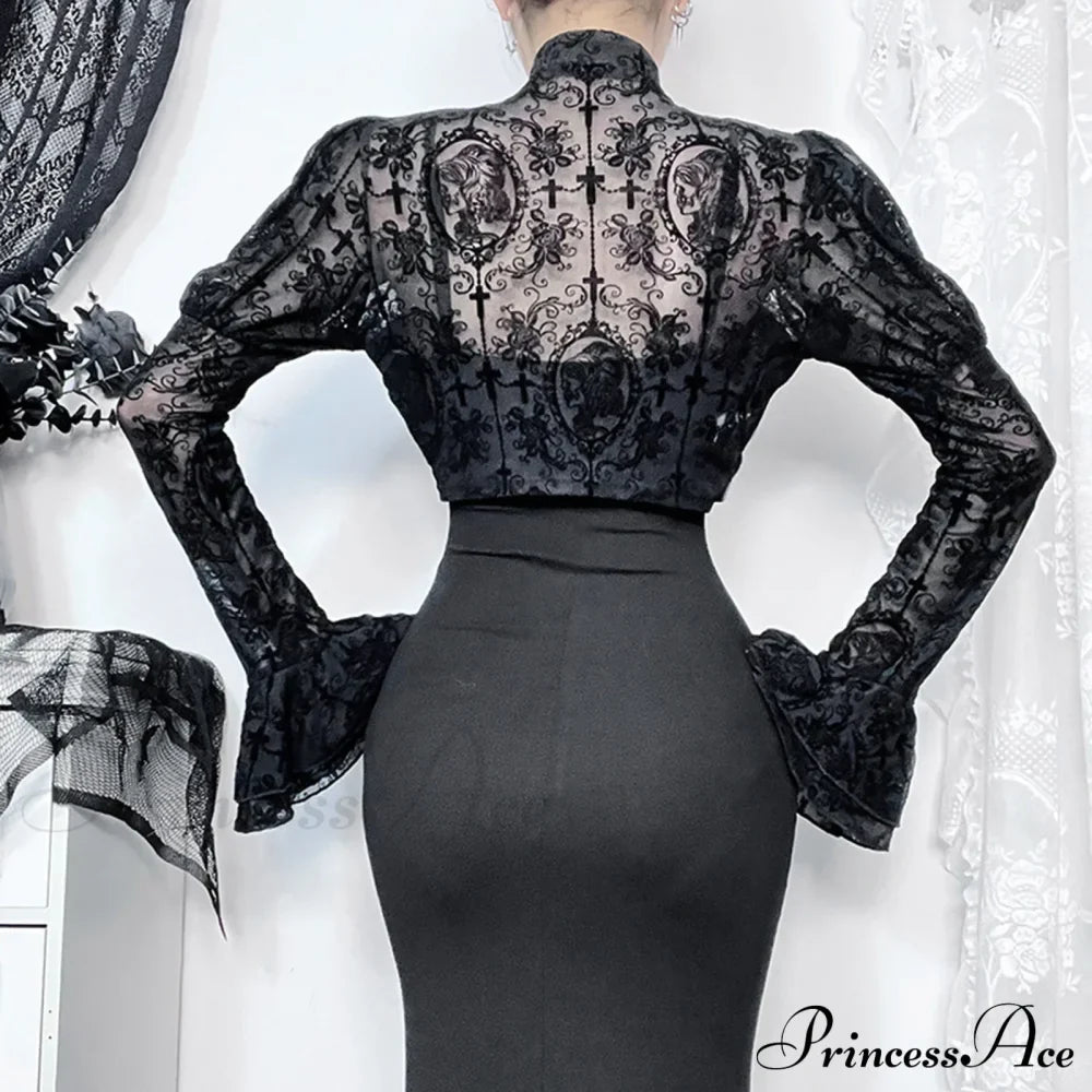 Long Sleeves Smock Vintage Black Lace Flare Sleeve Cosplay Cardigan
