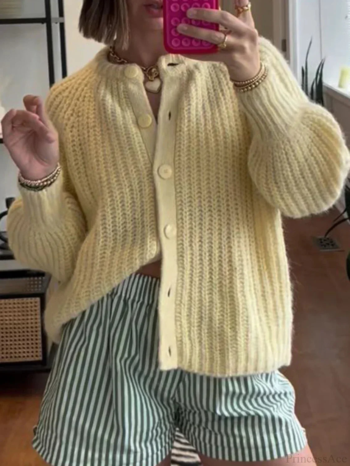 Loose Solid Crew Neck Button Cardigan