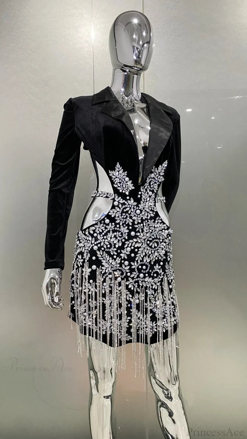 Luxury Diamonds Tassel Sexy Hollow Notched Black Mini Dress Evening Party Party Dress