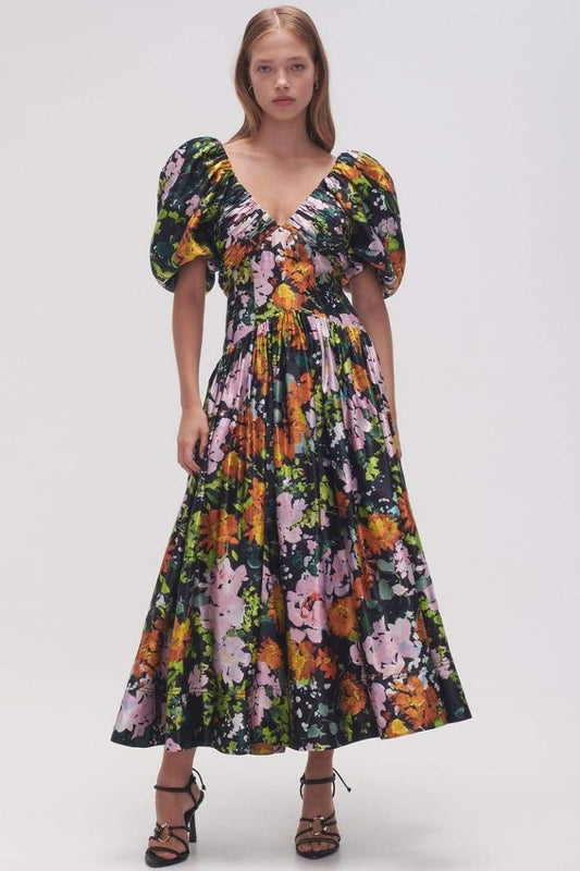 Melisa® | Printed Midi Dress  With V-Neck And Puff Sleeves