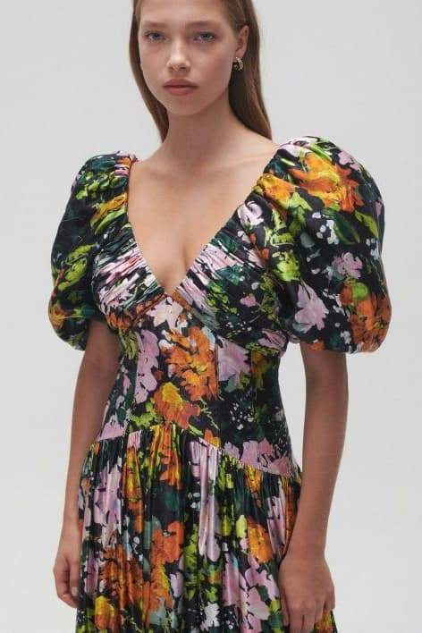 Melisa® | Printed Midi Dress  With V-Neck And Puff Sleeves