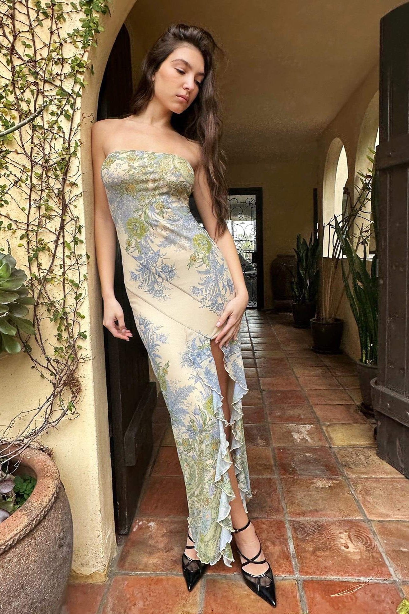 María Eugenia® | Printed Strapless Midi Dress With Slit