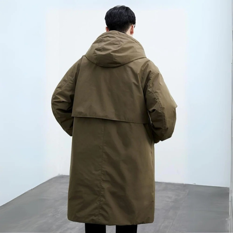Men's Long Waterproof Puffer Trench Coat with Hood