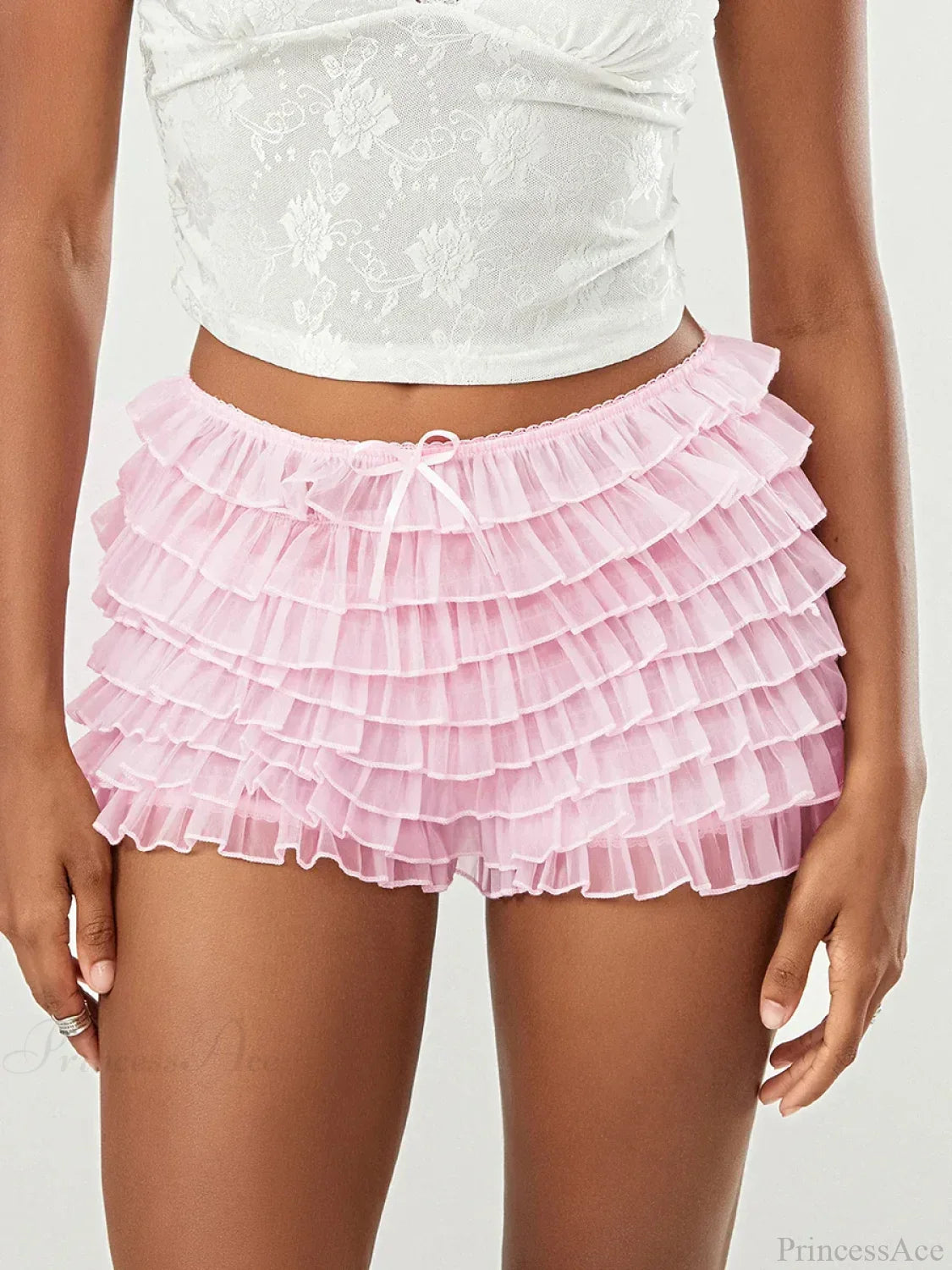 Mesh Bowknot Tiered Ruffle Short