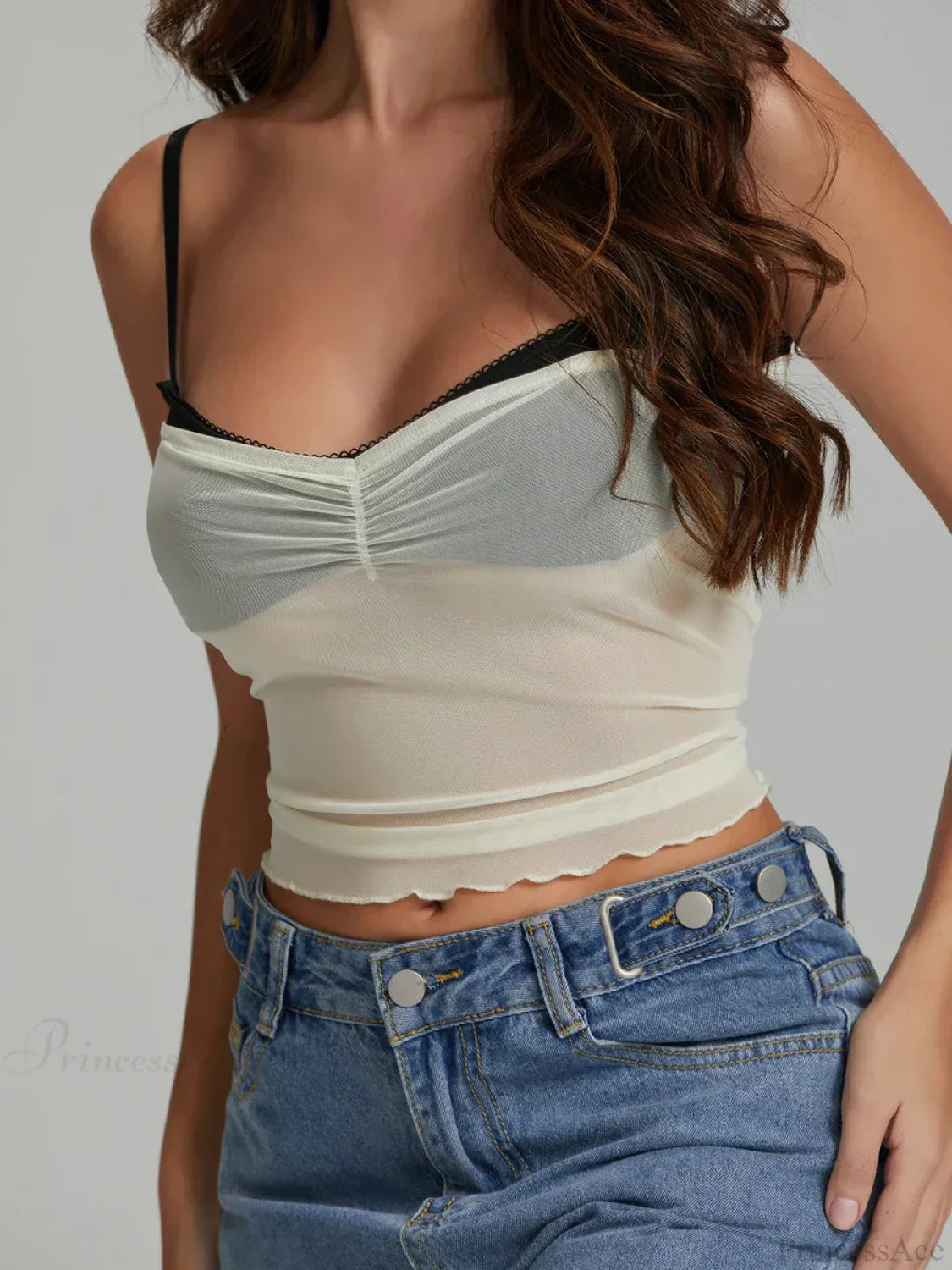 Mesh Ruched Color Patch Spaghetti Strap Crop Top