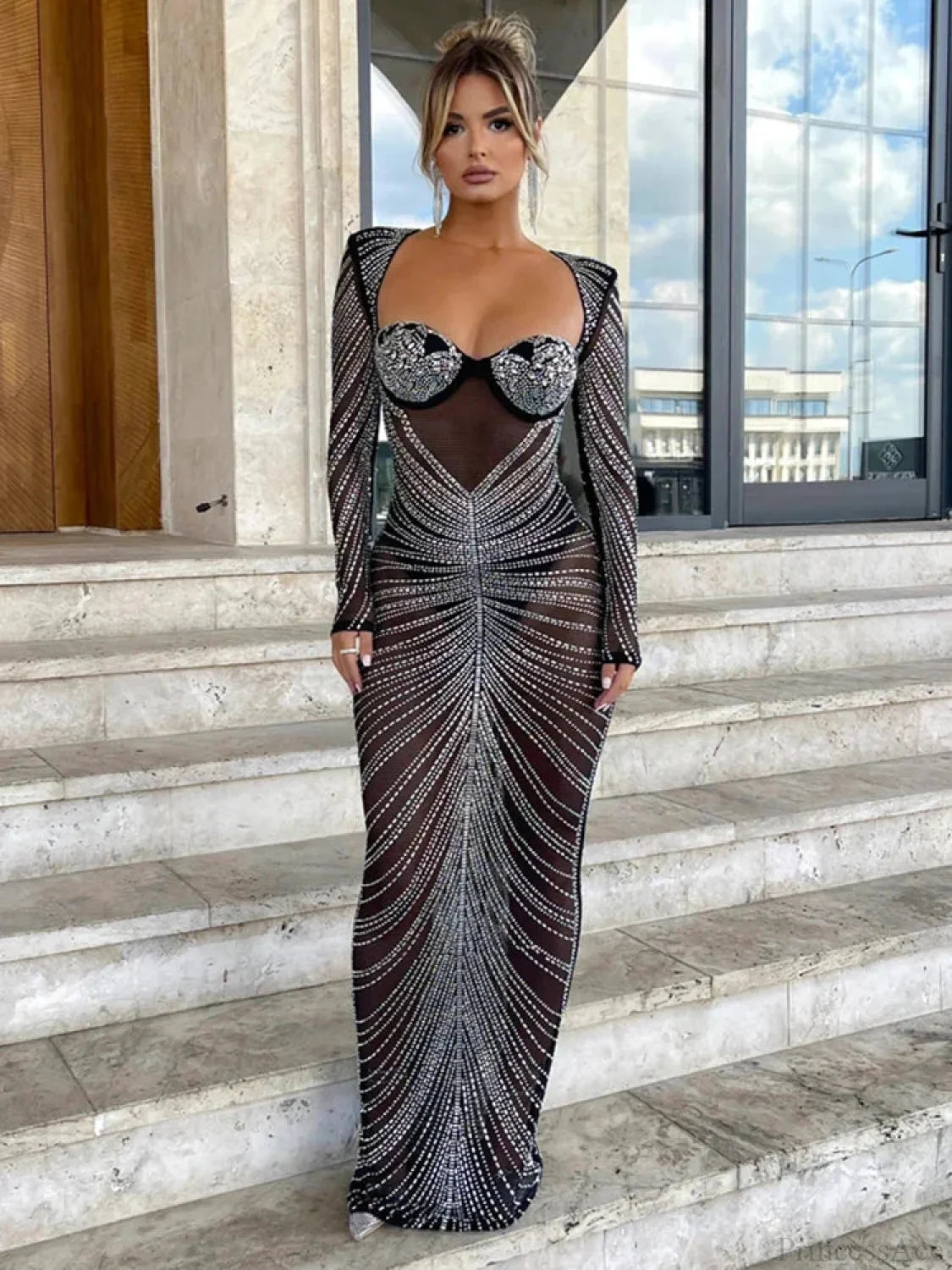 Mozision Glitter Mesh See Through Party Maxi Dress For Women Party Dress