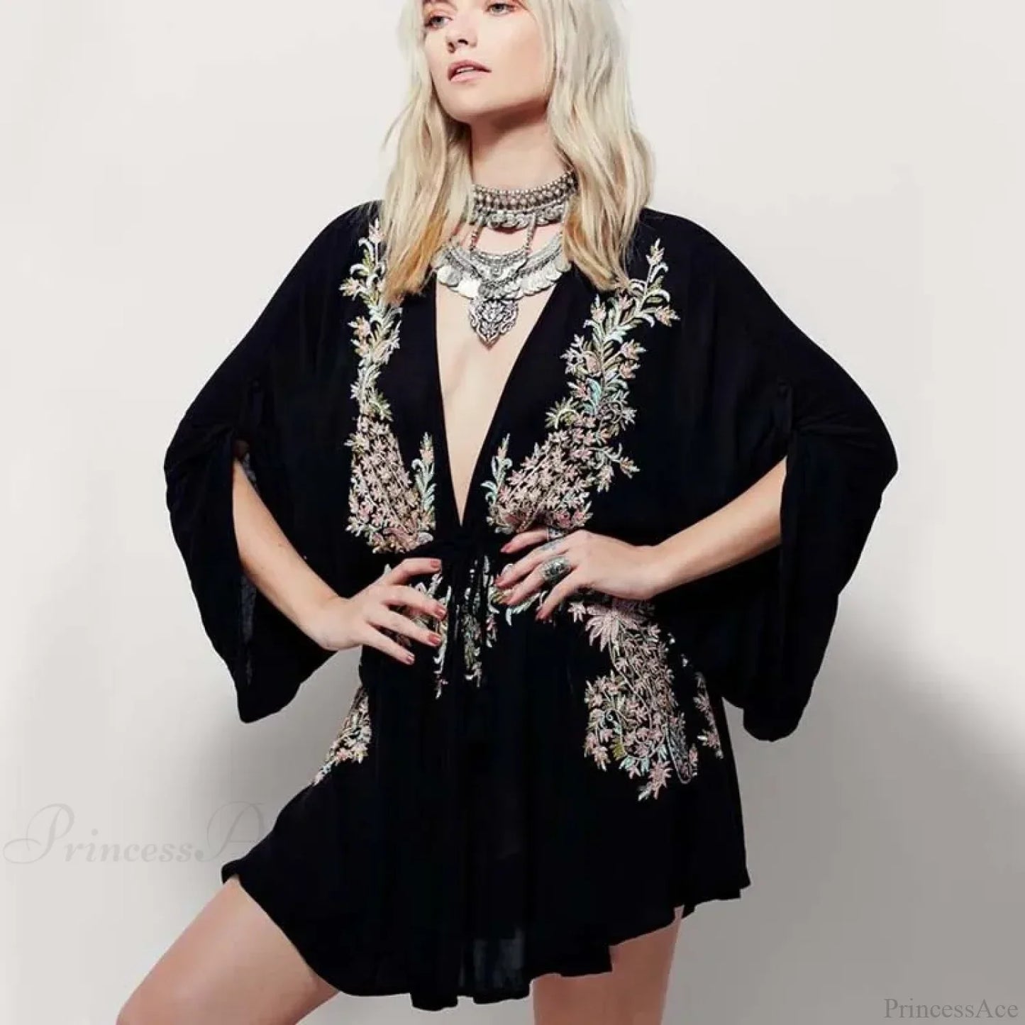 New Floral Embroidery Boho Dress Sexy Beach Dress Deep V-neck Mini Party