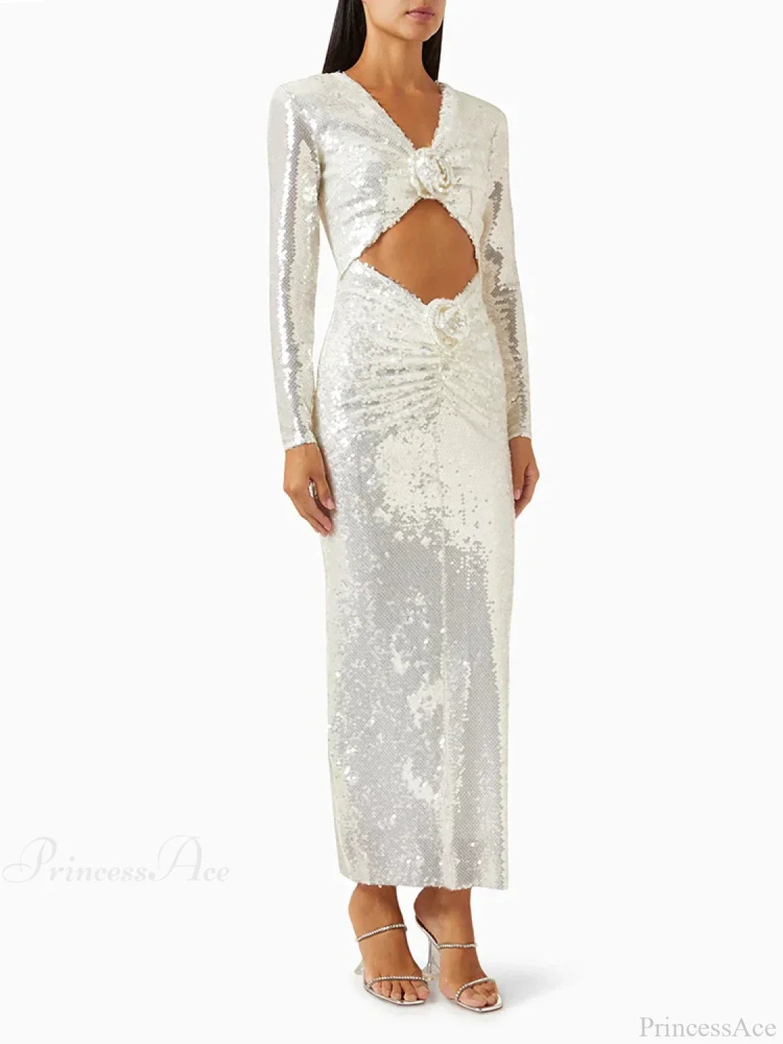 New Sexy Long Sleeves Luxury Sequins Slim Dress Hollow Flower Party Dress