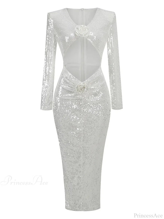 New Sexy Long Sleeves Luxury Sequins Slim Dress Hollow Flower Party Dress