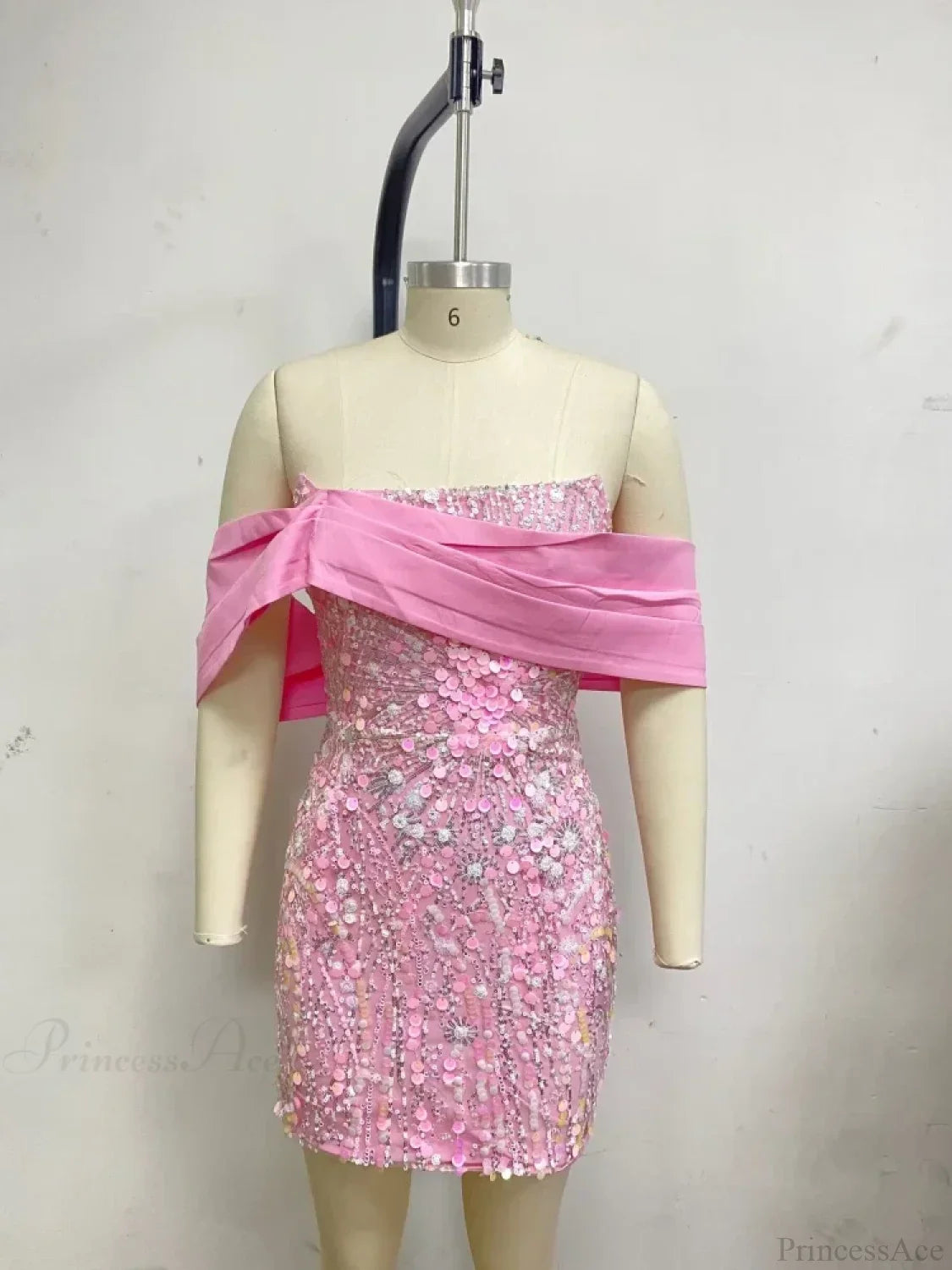 New Sexy Off Shoulder Sequins Pink Slash Neck Sparkly Elegant Party Dress