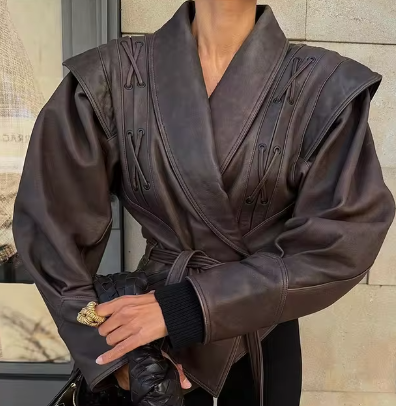 Adriana | Vintage solid leather jacket with lapel collar