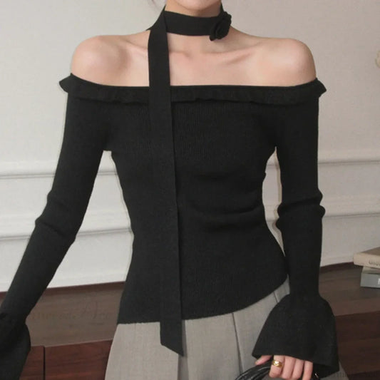 Off Shoulder Knit Crop Long Flare Sleeve Ruffle Trim Knit Top