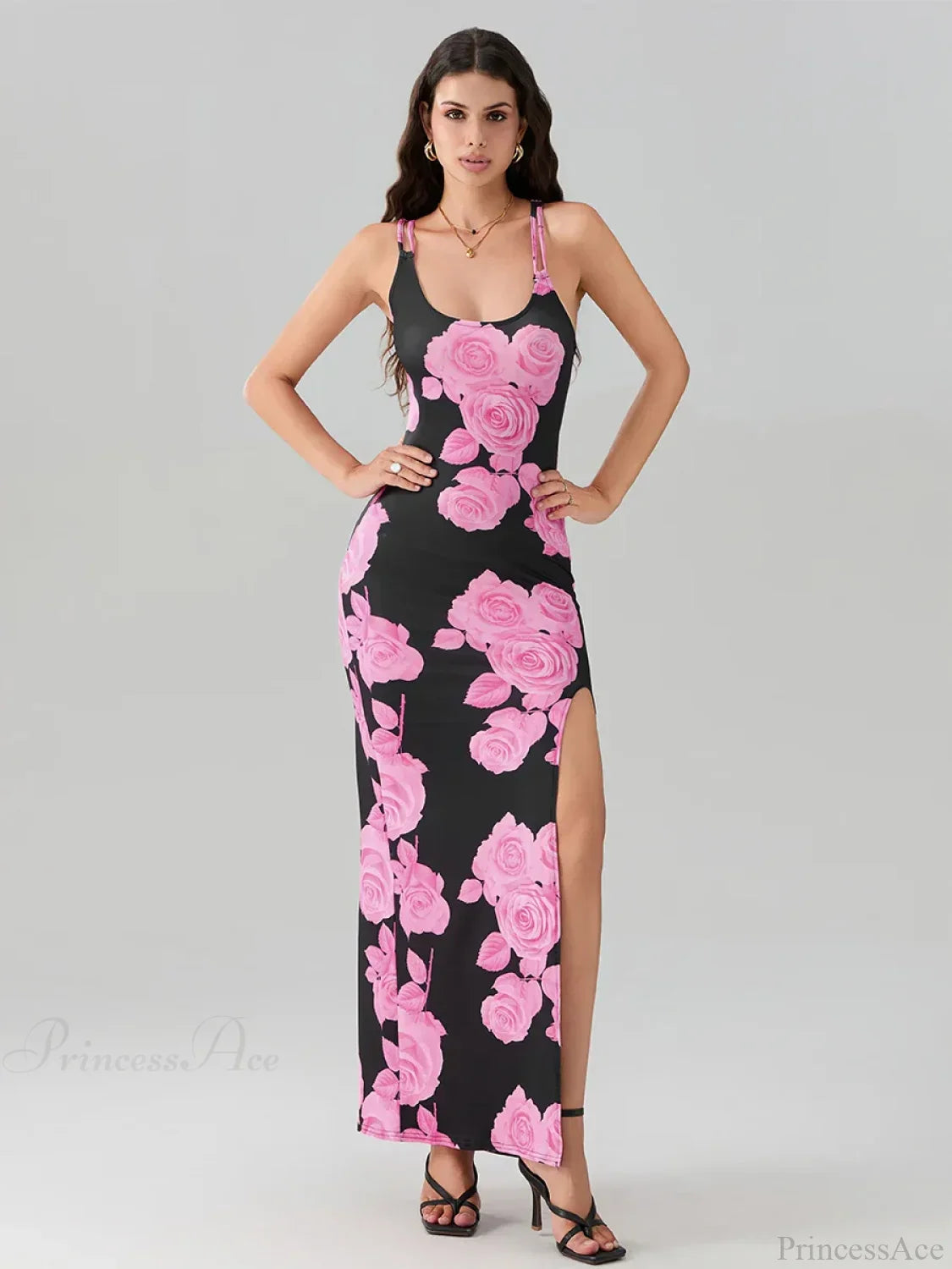 Open Back High Split Floral Print Bodycon Cami Club Floral Dress