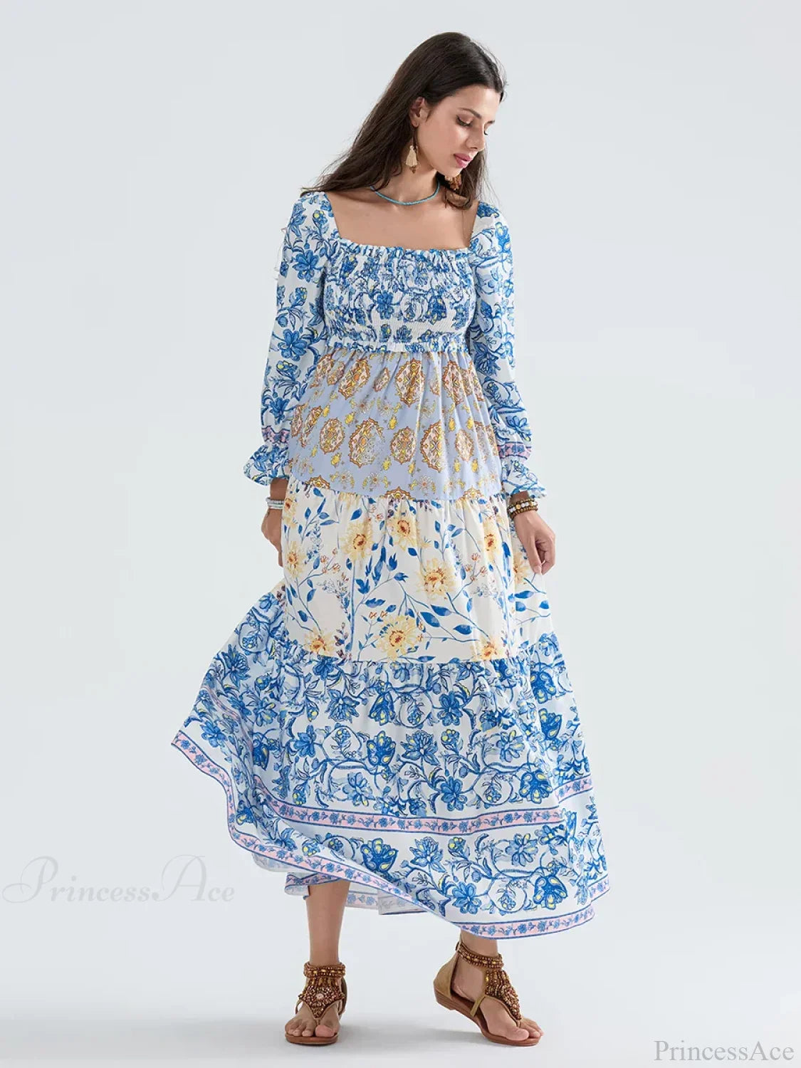Patchwork Floral Bohemian Off-Shoulder Puff Sleeve Ruffled Vacation Beach Dress