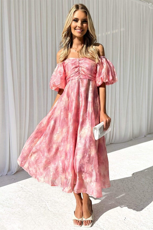 Emilia® | Off-The-Shoulder Midi Dress With Puff Sleeves