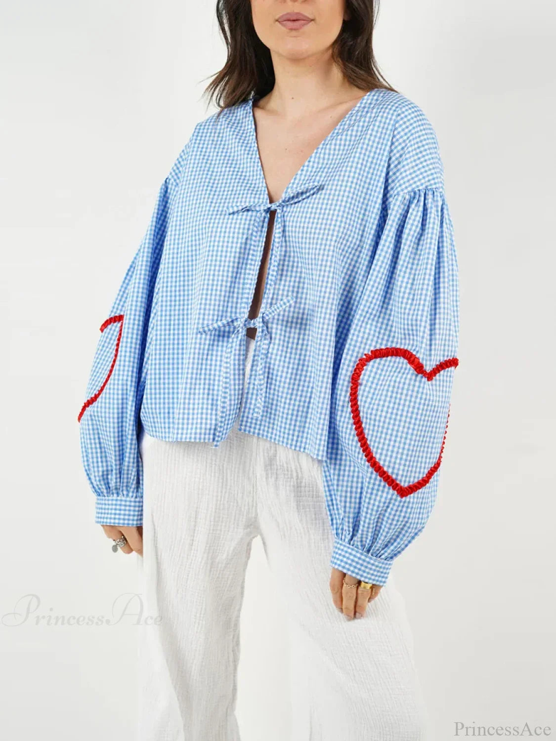 Plaid Heart Trim Tie-Up Blouse
