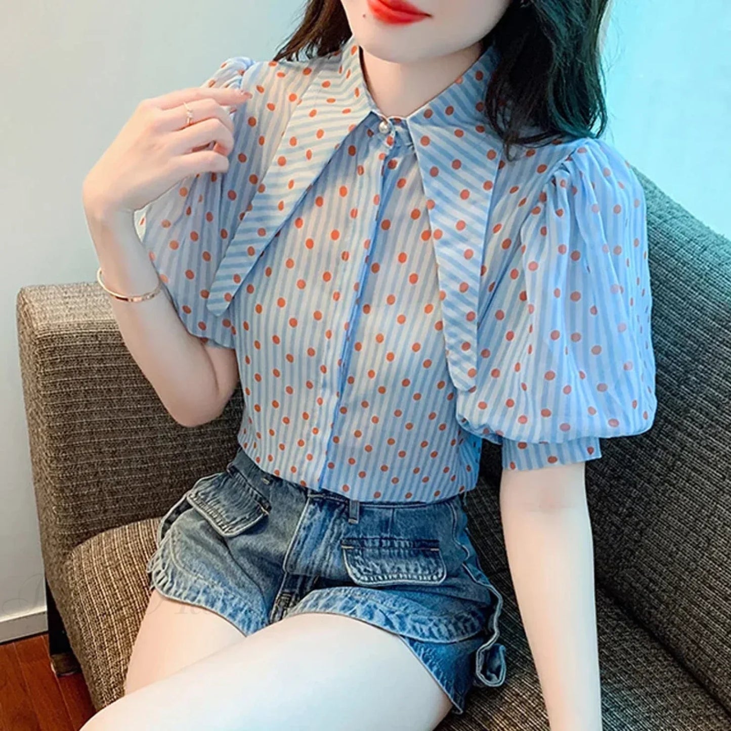 Polka Dot Print Elegant Loose Puff Sleeve Blouse