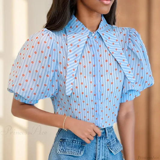 Polka Dot Print Elegant Loose Puff Sleeve Blouse