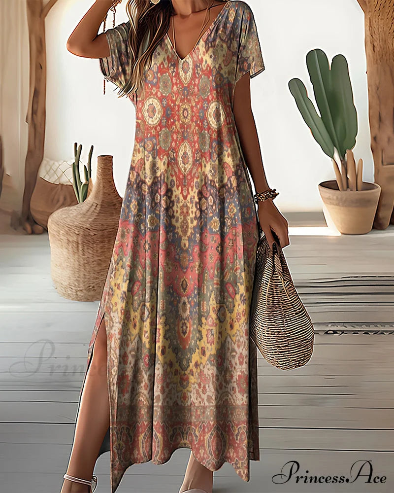 Printed V-neck dress with slit