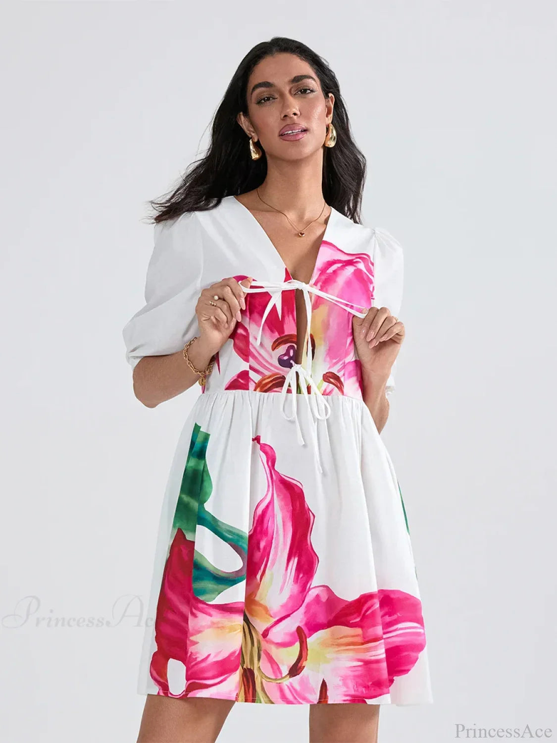 Puff Sleeve Tie-up A-Line Mini Floral Dress