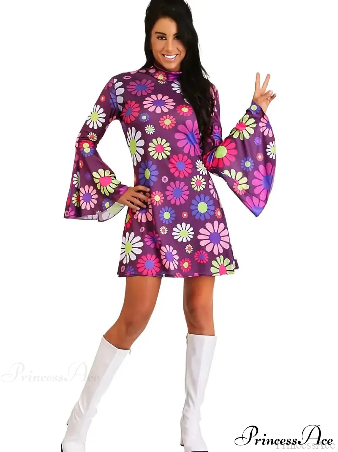 Purple Floral Flared Long Sleeve Party Dress