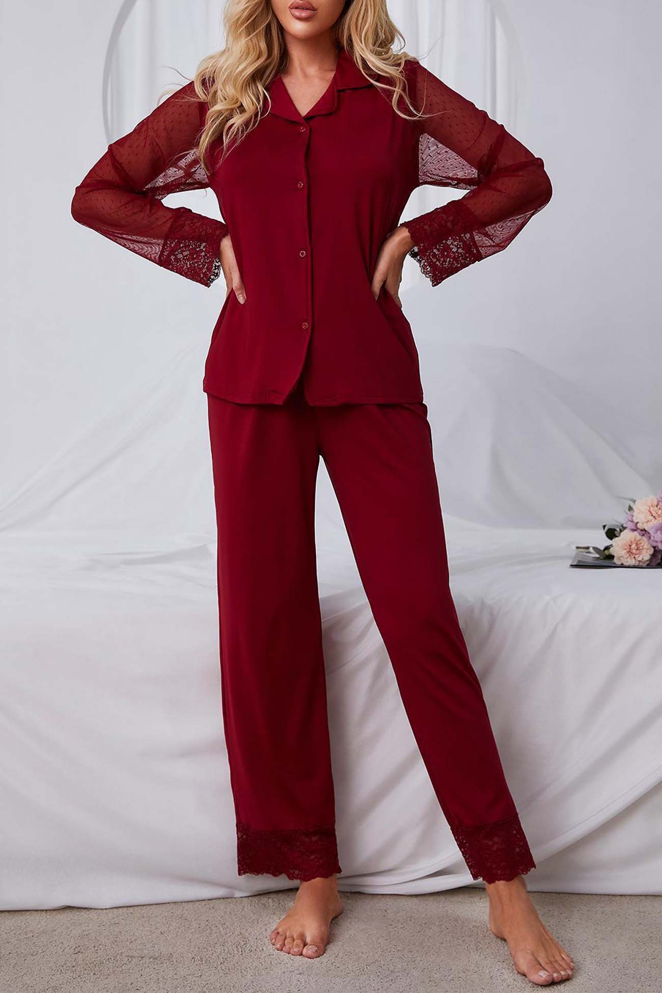 Annabelle | Mesh lace long sleeve pajama set