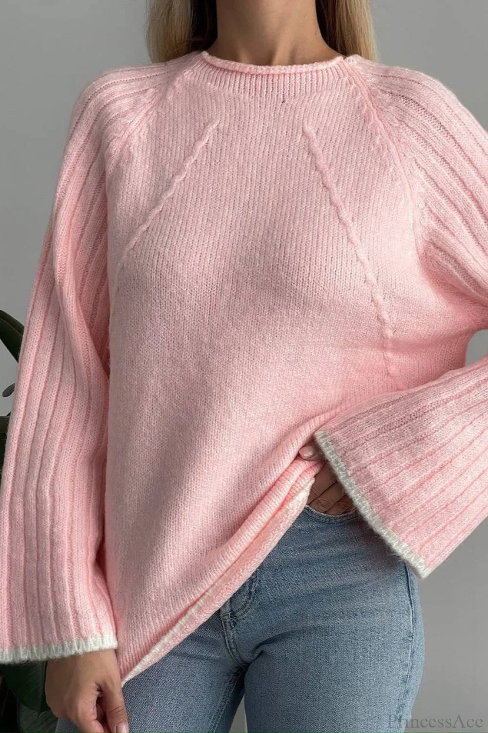 rewneck Ribbed Base Bell Sleeve Loose Sweater