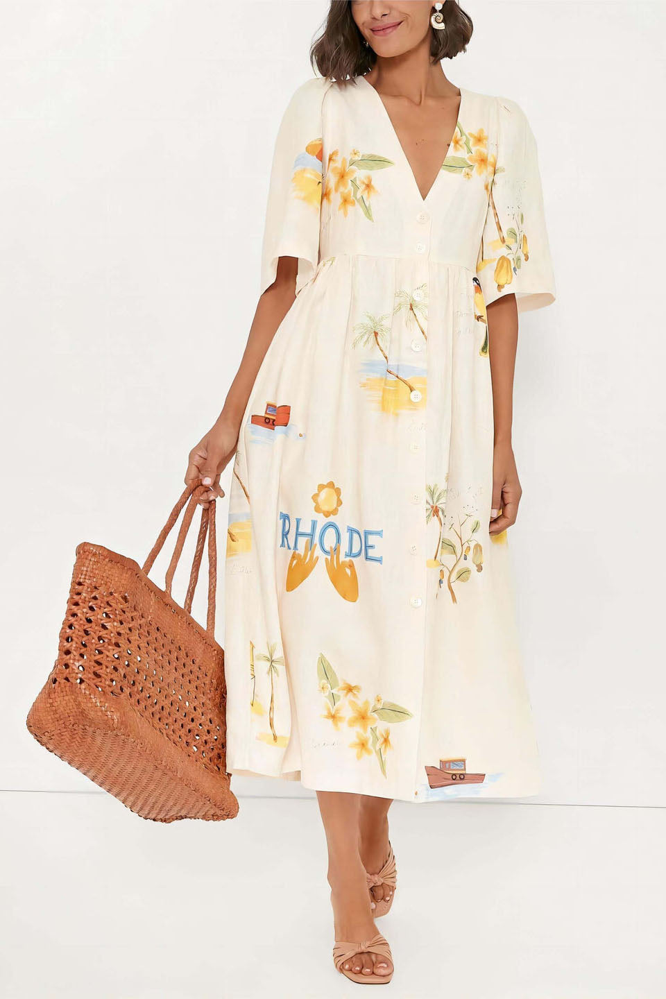 Yolaina® | Printed Linen Midi Dress