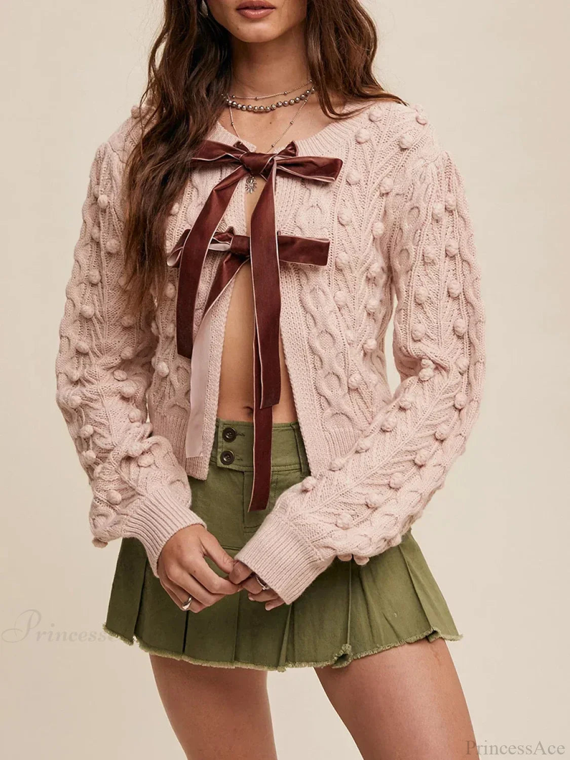 Ribbed Bow Tie Cable Knit Cardigan