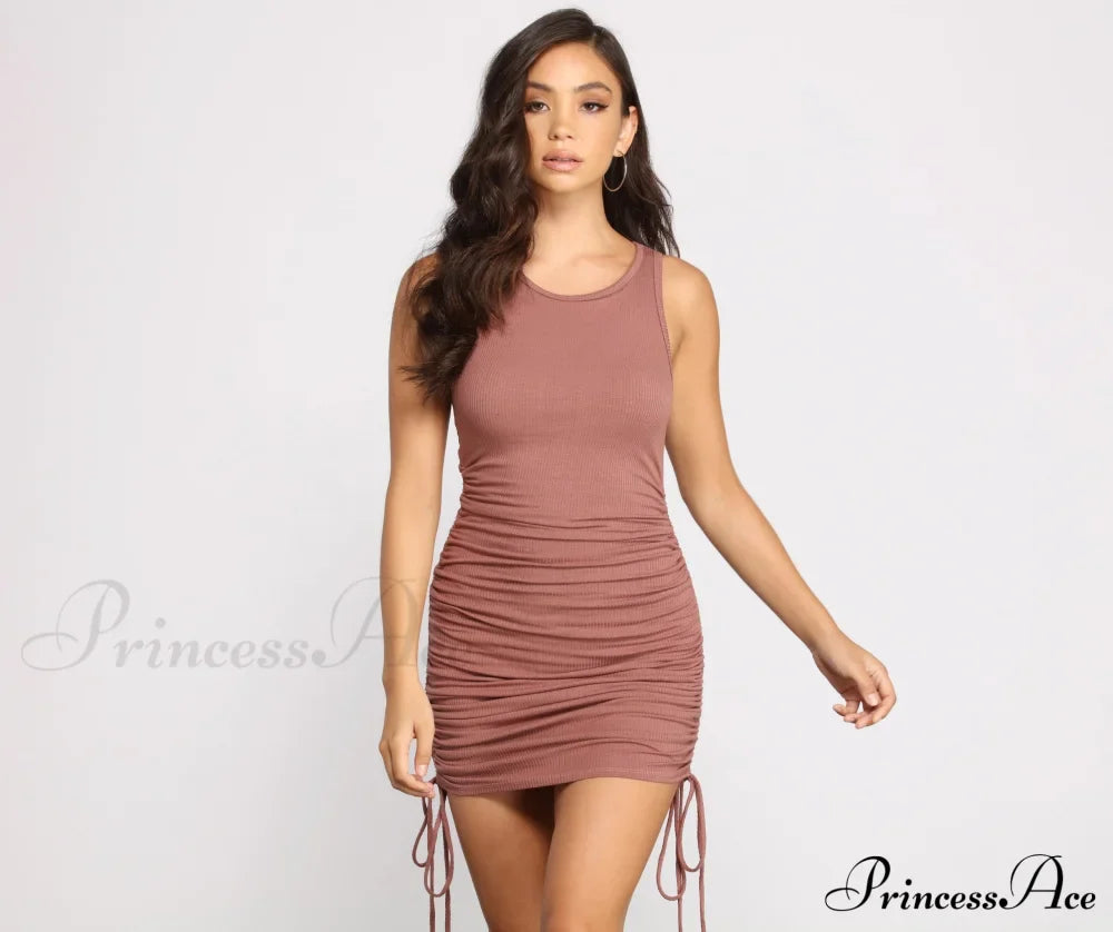 Ribbed Knit Stylish Ruched Mini Dress