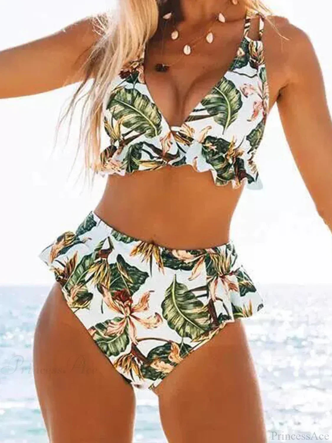 Ruffle Triangle Lace Up Leaf Two Piece Set