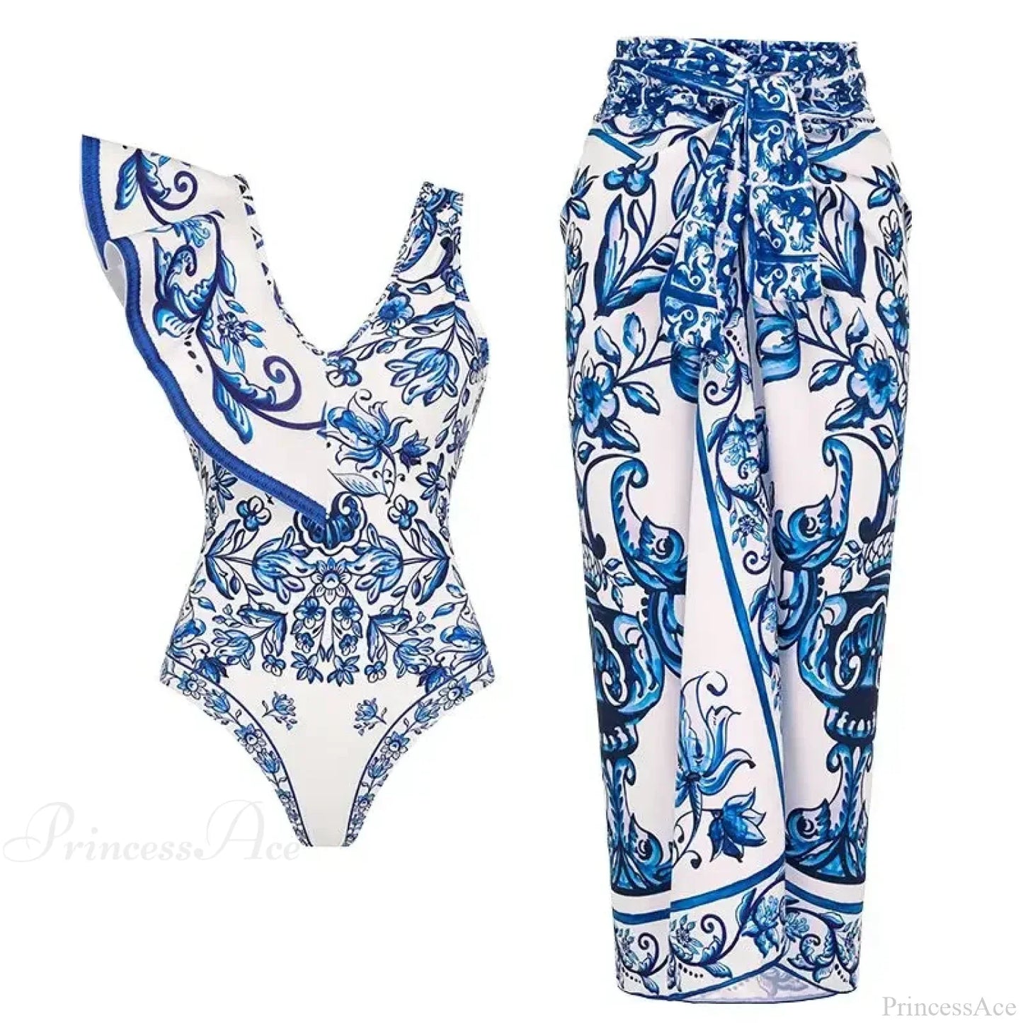 Ruffle V Neck Blue Print Two Piece Set