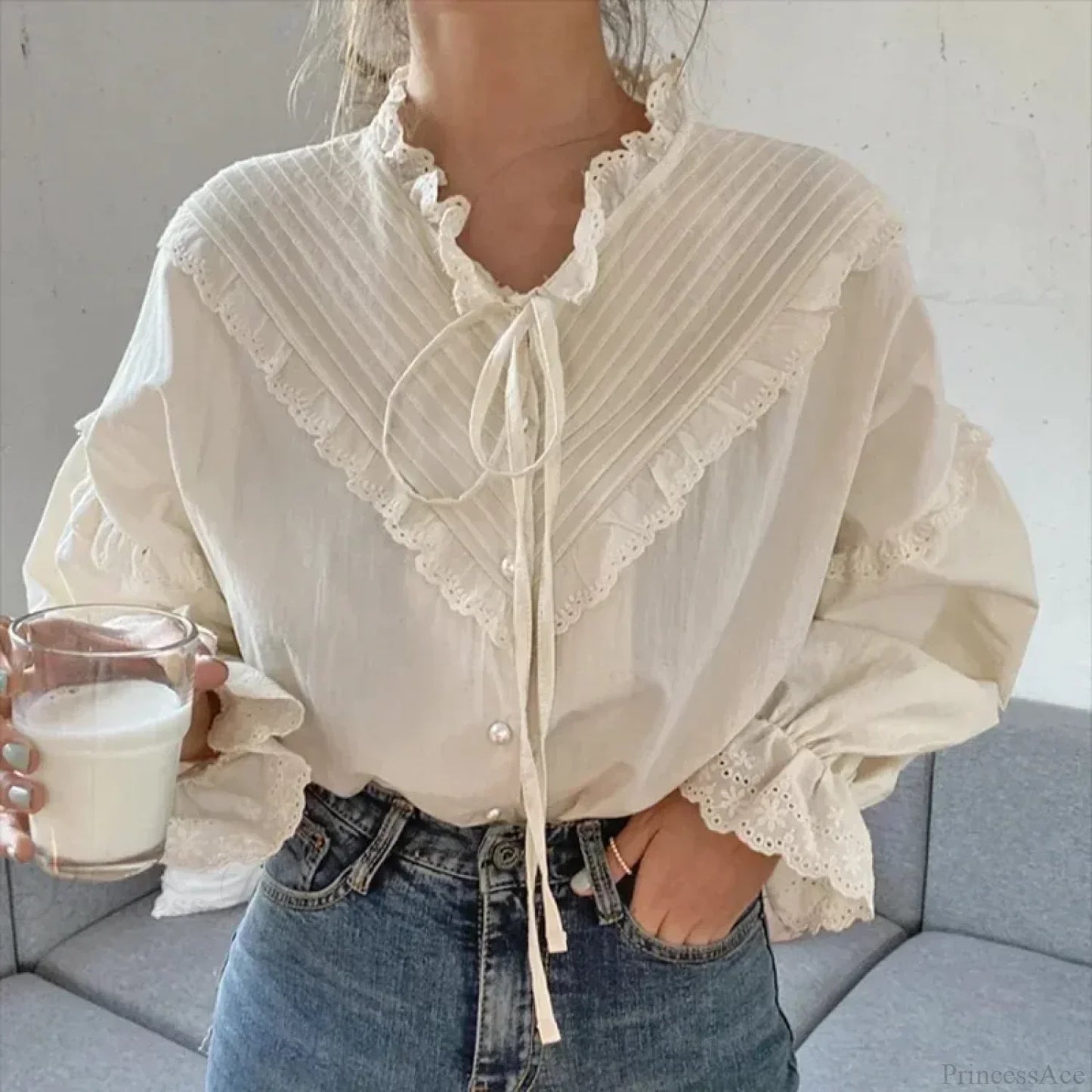 Ruffled Vintage Solid Long Sleeve Bow Blouse