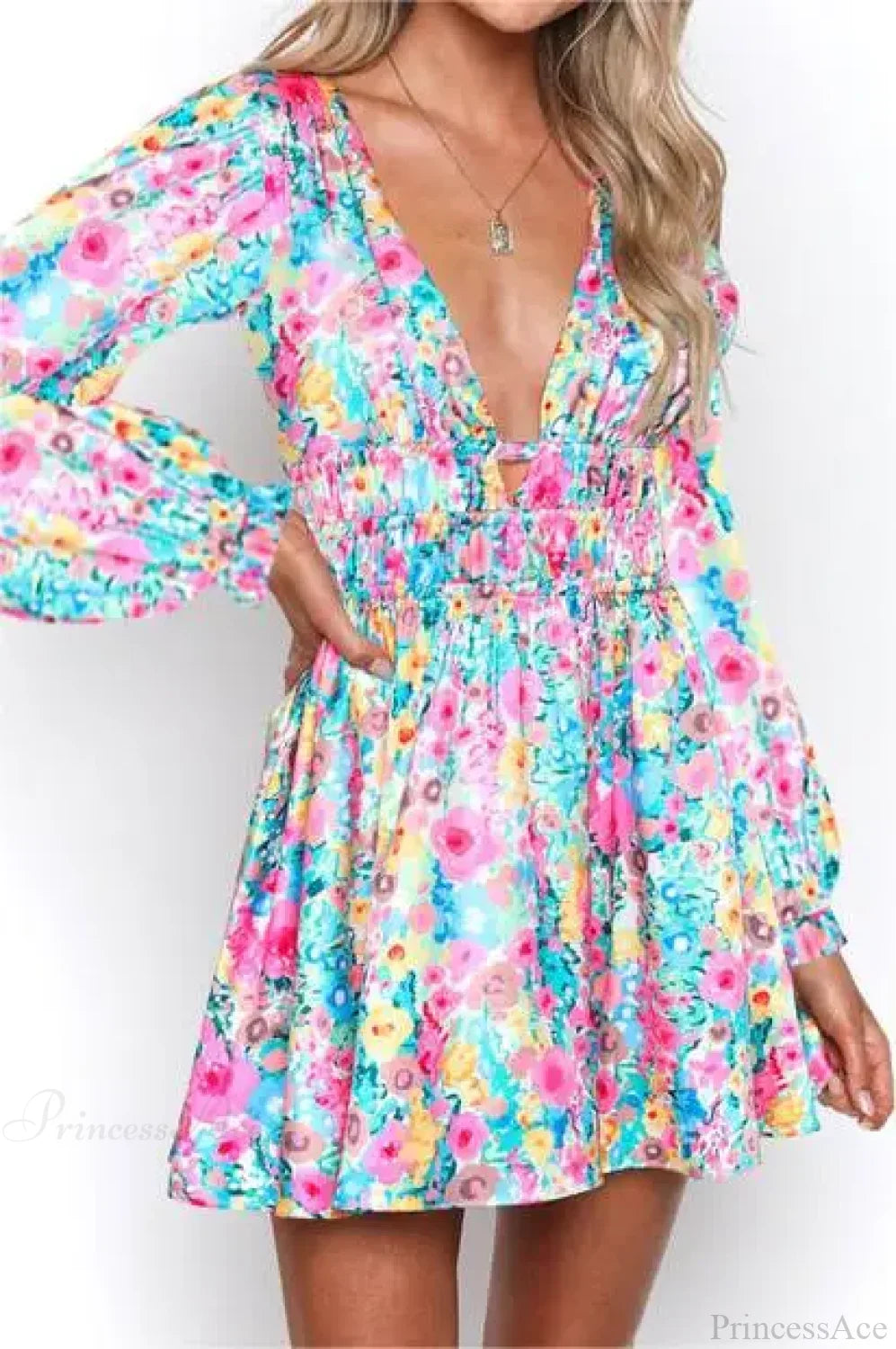 Sexy Backless V-neck Flower Print Mini Floral Dress