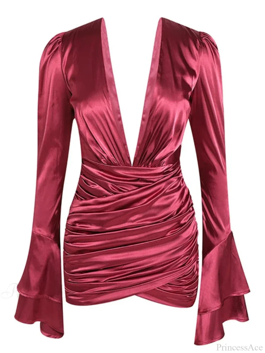Sexy Deep V Neck Flare Sleeve Pleats Mini Backless Party Dress