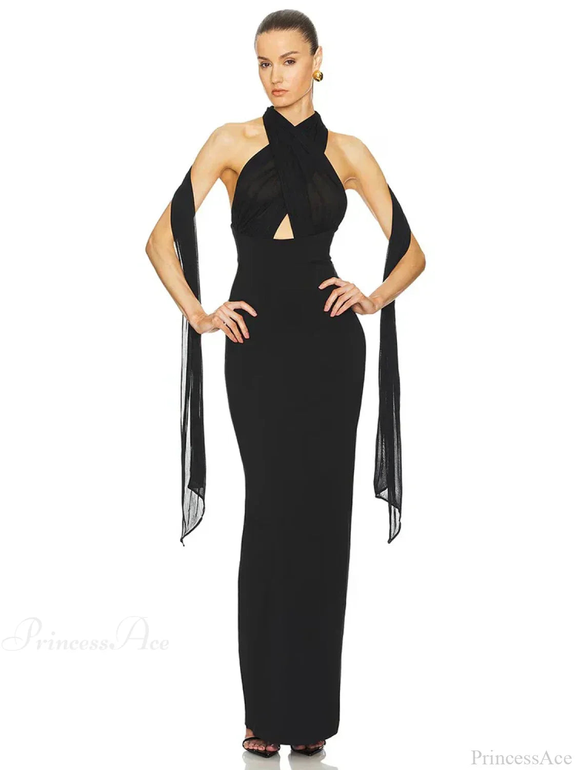 Sexy Halter Backless Mesh Patchwork Black Sleeveless Bodycon Party Dress