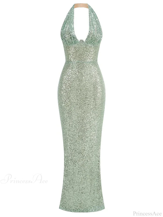Sexy Halter Deep V Neck Sequins Green Sleeveless Backless Celebrity Party Dress