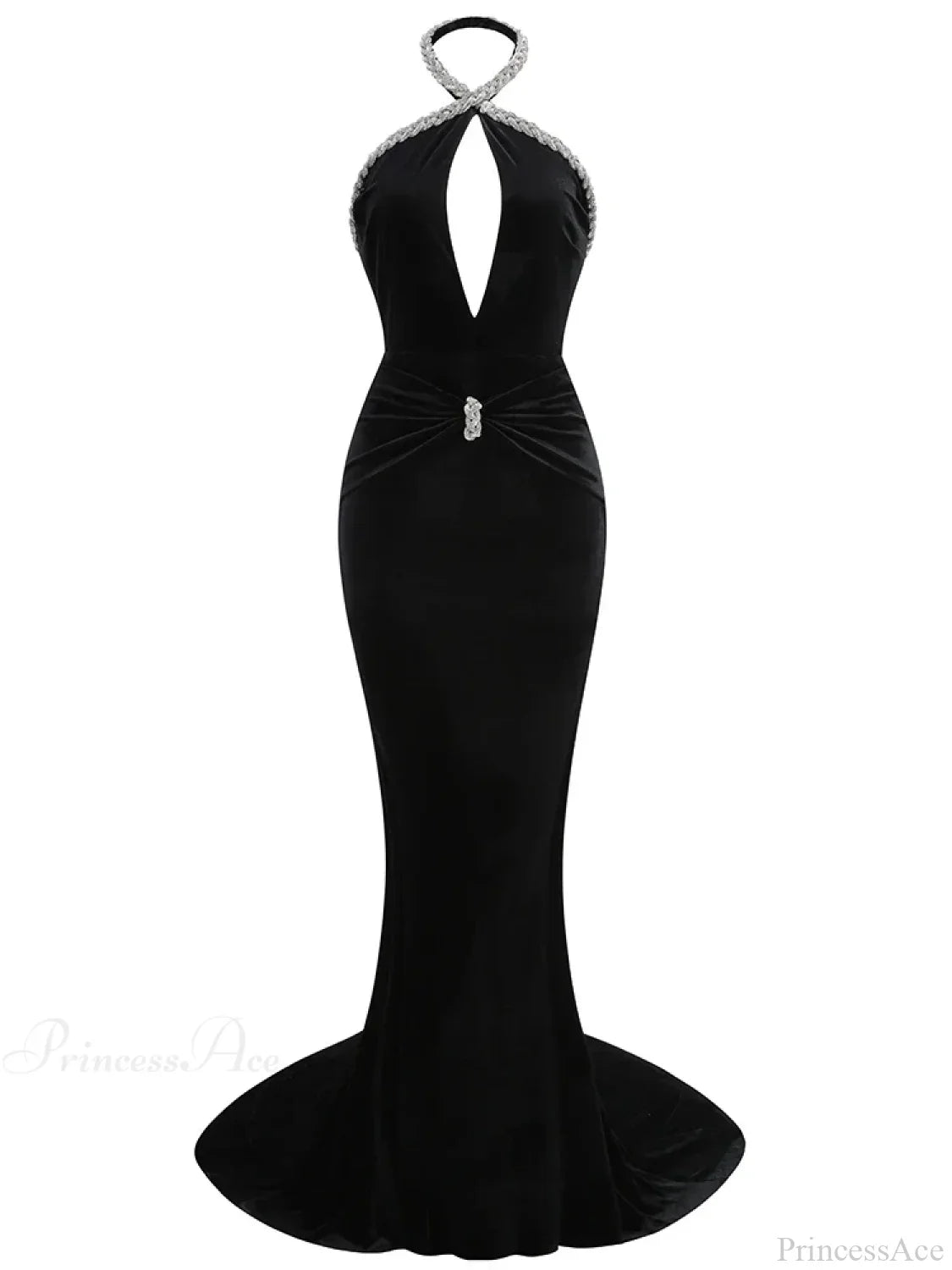 Sexy Halter Neck Diamonds Chain Hollow Out Black Velvet Sleeveless Party Dress