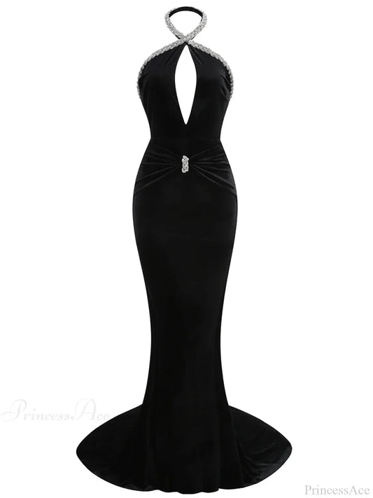 Sexy Halter Neck Diamonds Chain Hollow Out Black Velvet Sleeveless Party Dress