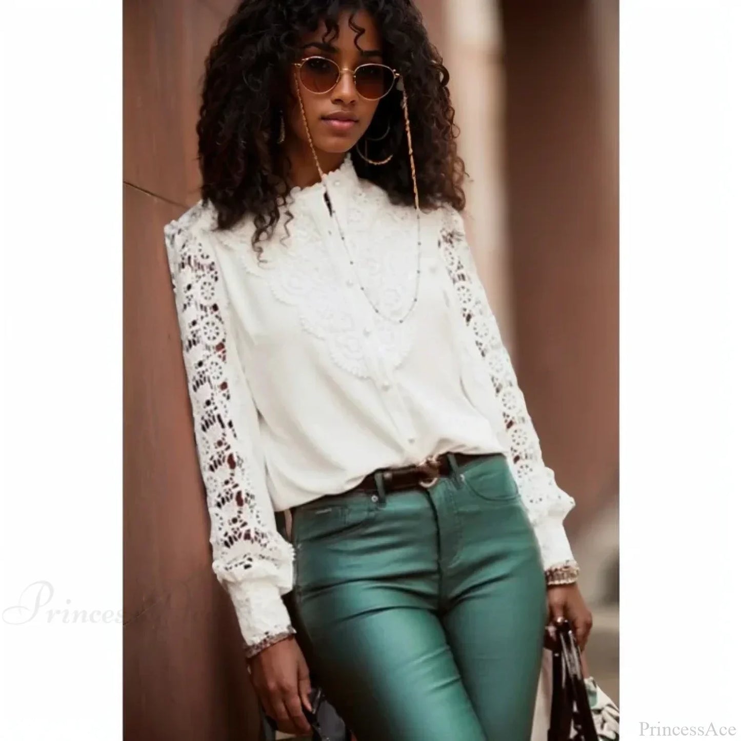 Sexy Hollow Lace Patchwork Long Sleeve Blouse