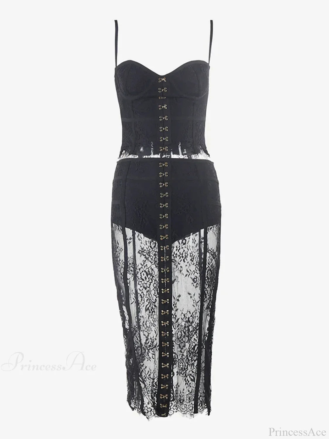 Sexy Lace Two-Piece Black Sleeveless Hook-Front See Through Evening Party Dress