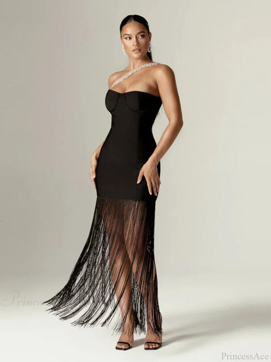 Sexy One Shoulder Diamonds Strap Tassel Bandage Dress Shiny Rhinestone Party Dress