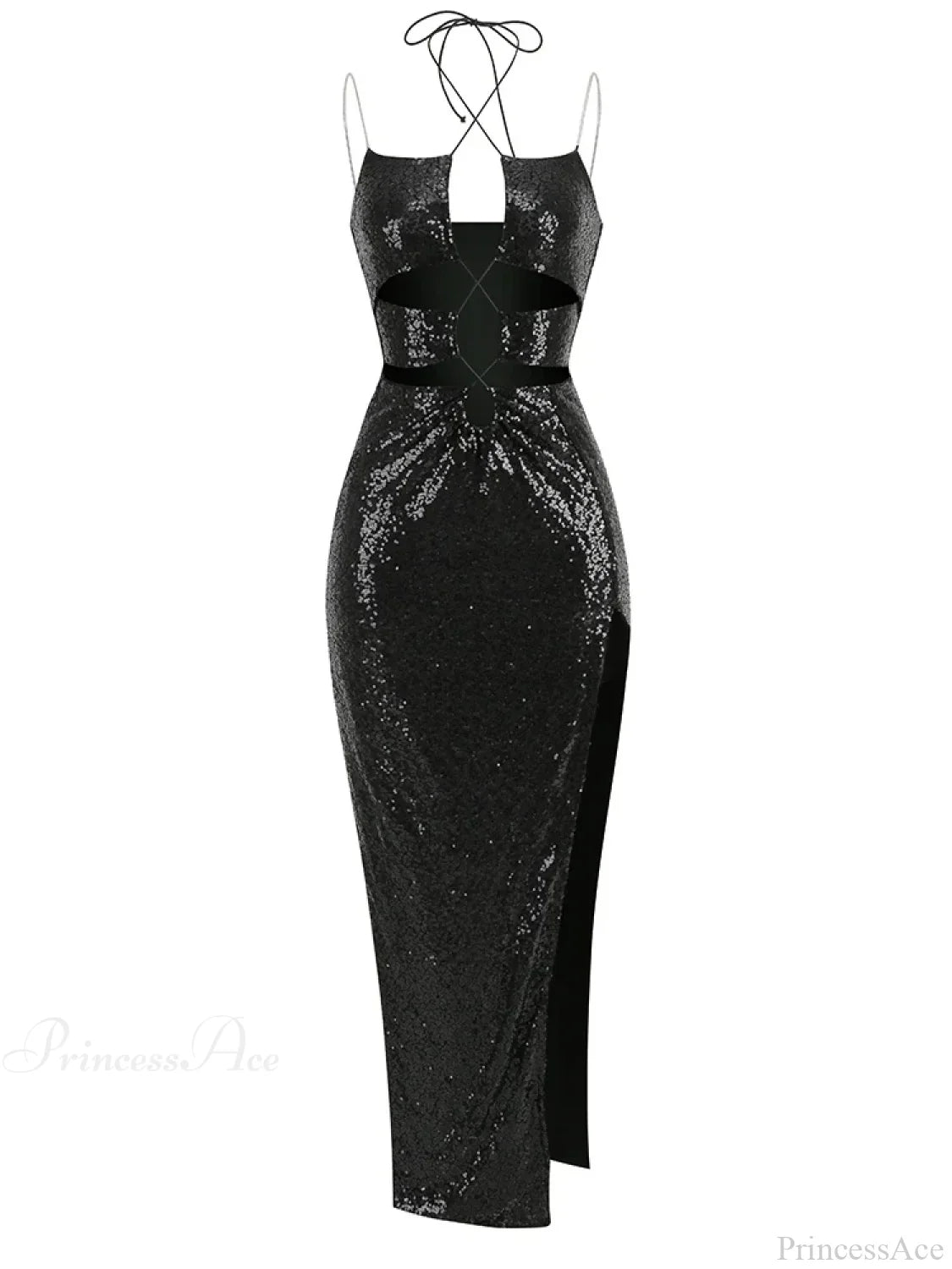 Sexy Sleeveless Cut Out Black Sequins Elegant Backless High Slit Party Dress