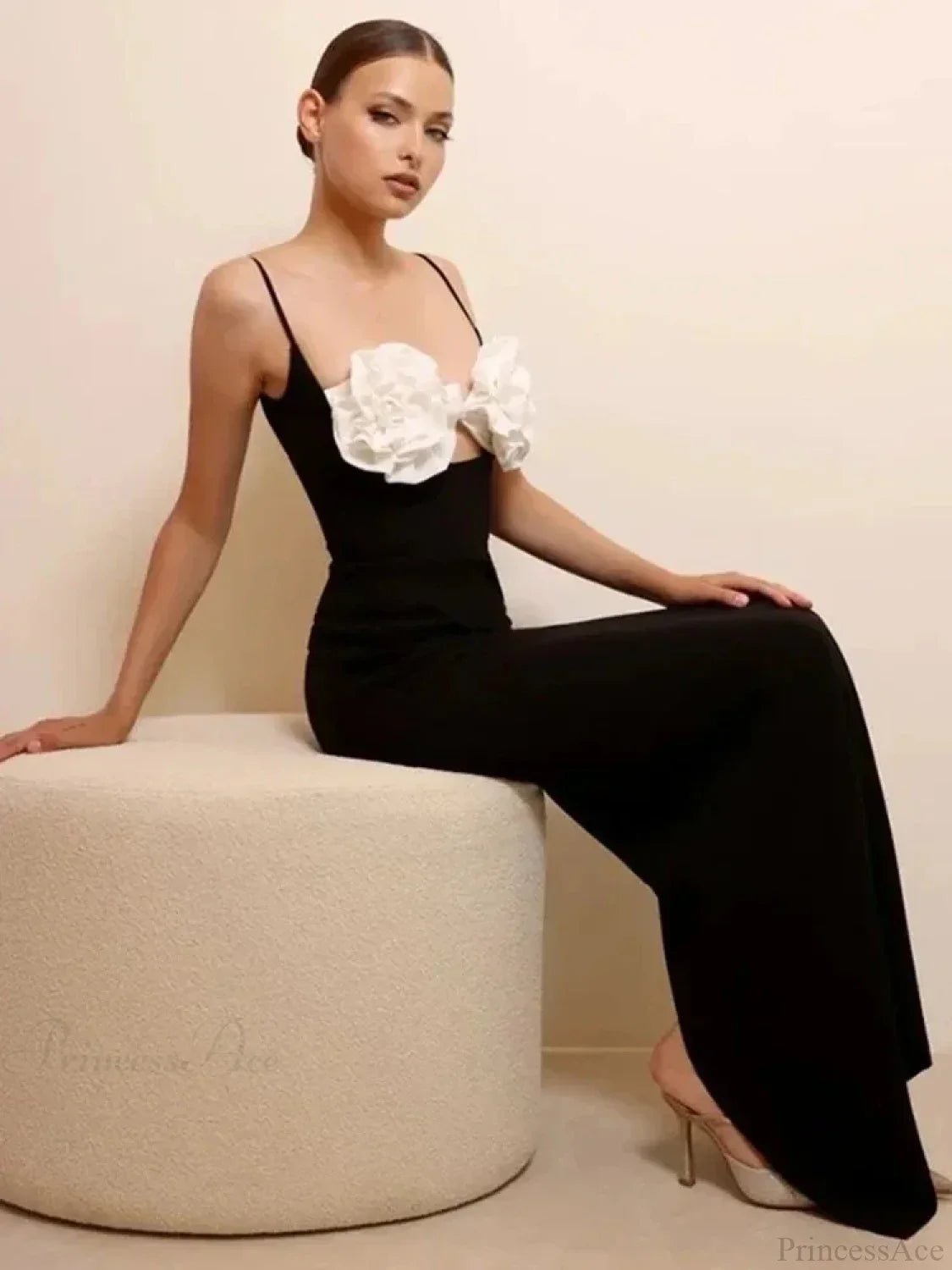 Sexy Spaghetti Strap 3D Flower Bandage Maxi Black Sleeveless Party Dress