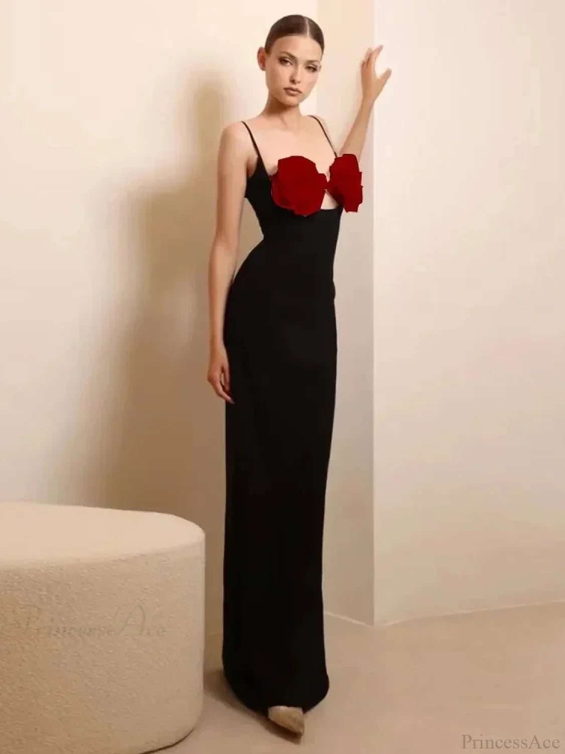 Sexy Spaghetti Strap 3D Flower Bandage Maxi Black Sleeveless Party Dress