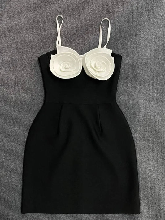Sexy Spaghetti Strap 3D Flower Bandage Sleeveless Floral A-Line Party Dress