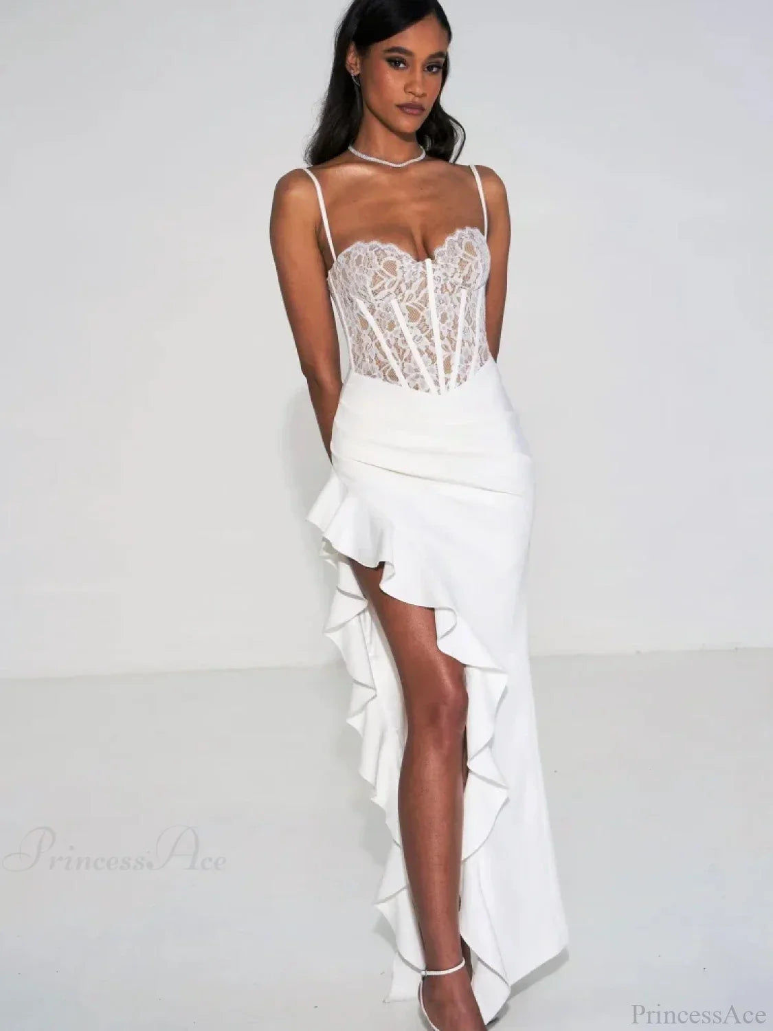 Sexy Spaghetti Strap Lace Patchwork Long Dress Sleeveless Ruffles Party Dress